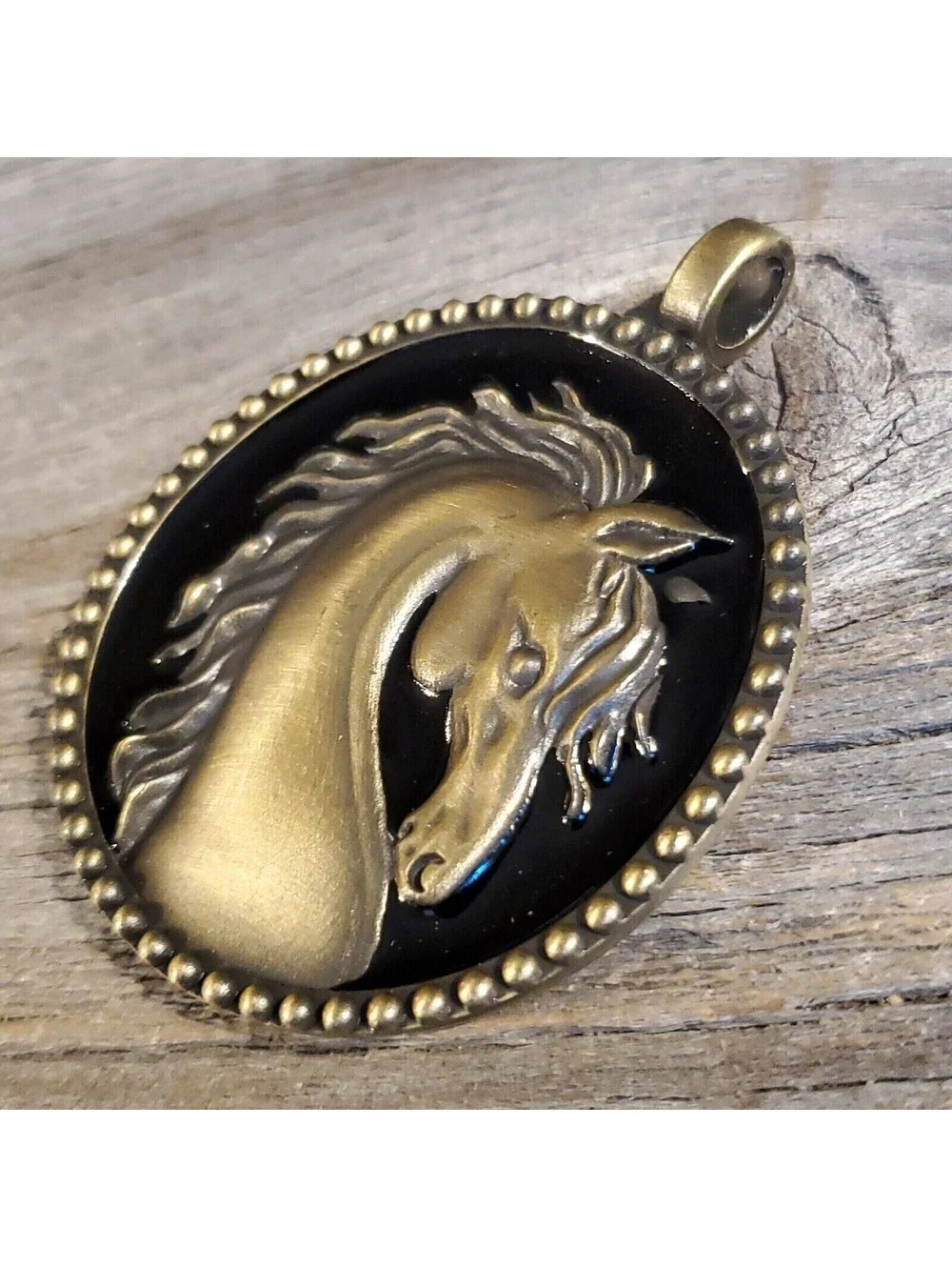 Wild Horse Long Mane Brushed Bronze Black Enamel 67mm Oval Statement Pendant
